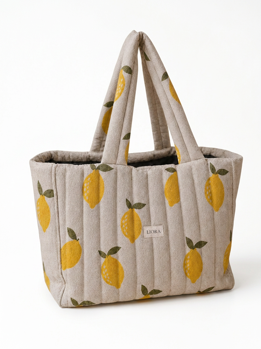 Solea Take me along Tote mit Zitronenmuster auf weißem Hintergrund